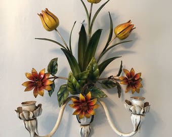Vintage Tole Floral Wall Hanging - Italian Tole Double Wall Sconce