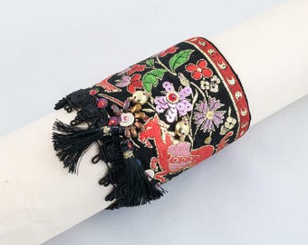 Cuff bracelet-ribbon-sequins-Fabric cuff beaded bracelet-Black-red