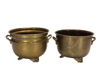 Brass Planters Footed Handles Pair Flower Pots Round Plant Containers Succulent Holders Indoor Garden Cachepots Aged Gold Patina