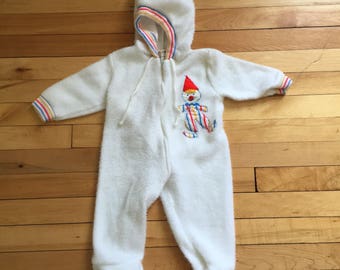 Vintage 1970s Baby Infant Boys White Fleece Clown Sleeper! Size 6-12 months