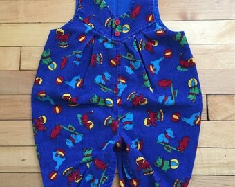 Vintage 1980s Baby Infant Boys Blue Corduroy Circus Animals Romper Outfit! Size 6-9 months