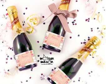 Set of Will you be my Bridesmaid Maid of Honor Mini Champagne Bottle Labels - Floral Stripes Bridal Shower Label - Bachelorette Weekend
