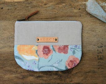 Floral zipper pouch with leather strap, Teachers gift, Linen pocket pouch, Nani iro fabric coin purse, Light gray makeup bag, Gift for woman