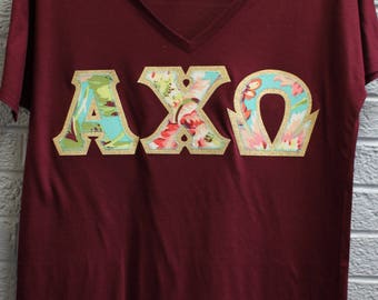 Alpha Chi Omega Maroon Bella Flowy V-Neck With Amy Butler Bliss Bouquet on Gold Metallic (254C)