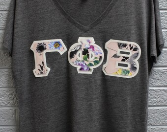 Gamma Phi Beta Charcoal Bella Flowy V-Neck With Floral Fabric on Glitter White (75d)