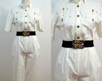 1980s St. Germaine Paris Jumpsuit / 80s Vintage Jumpsuit / One Piece Pantsuit / White Pantsuit / Small S / Medium M / Cotton Romper