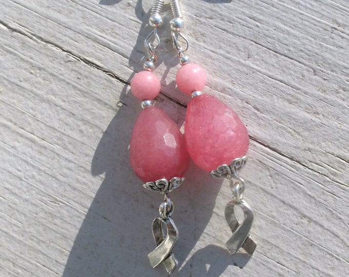 Pink Earrings w silver cancer ribbon, Breast Cancer awareness, cancer ribbon jewelry, pink teardrop beads, silver plated wires, handmade