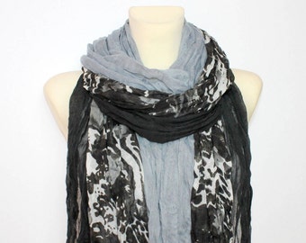 Gray Floral Scarf Fringe Fabric Scarf Floral Print Scarf Unique Boho Scarf Women Fashion Accessories Gift for Women Christmas Gift
