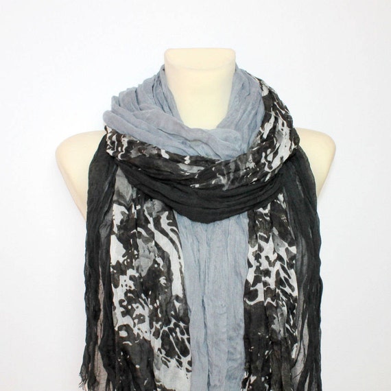 Gray Floral Scarf - Fringe Fabric Scarf - Floral Print Scarf - Unique Boho Scarf - Women Fashion Accessories - Gift Ideas for her