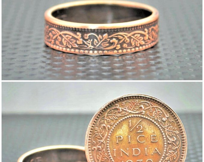 Bronze Wreath Coin Ring, India-British Coin, Bronze Ring,Coin Ring, Brown Ring,Unique BoHo Ring,Dainty Ring,Womens Coin Ring,8th anniversary
