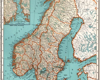 VINTAGE NORWAY Sweden MAP 1936 Collectible Print - Perfect Gift for Travel, Wedding, Birthday, Graduation, Housewarming - 80 Years Old (311)