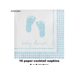 blue baby feet cocktail napkins,boys baby shower decorations, gender reveal party, plaid, footprints, foot prints, its a boy, paper napkins