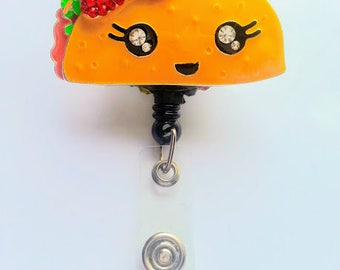 Taco Badge Reel, Retractable Badge Reel, Swivel Alligator Clip, Full Rhinestone, Taco Tuesday, Mexican