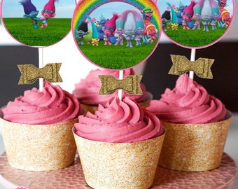 Trolls Cupcake Toopers Circles Instant Download, Glitter Trolls Party, signs, centerpiece, coordinating items avail for purchase, labels