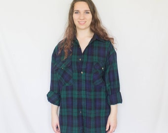 Flannel Shirt Vintage 1970s Blue Green Plaid