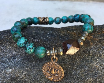 EXPRESS YOURSELF Mala Bracelet, Turquoise Bracelet, Garnet Bracelet, Lotus Charm, Throat Chakra Bracelet, Meditation Bracelet, Yoga Jewelry