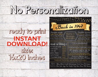 1947 Birthday Chalkboard Board, 70th Birthday Chalkboard Poster, Instant Download 70th Birthday Gift, 1947 History Facts chalkboard