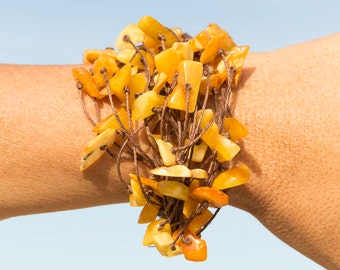 Handmade Baltic Amber Linen Cord Bracelet. Gold Amber Beads. Brown Multi Strand Linen Cord. Natural Amber Jewelry.
