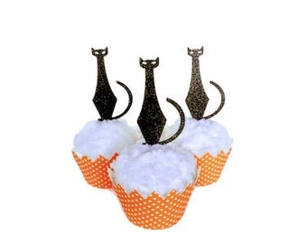Halloween Cupcake Toppers, Black Cat Cupcake Toppers, Set of 8 or 12, Halloween Party Decor