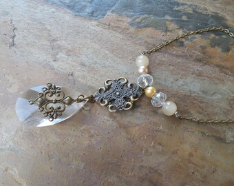 Crystal Pendant Necklace Chandelier Filigree Vintage Necklace