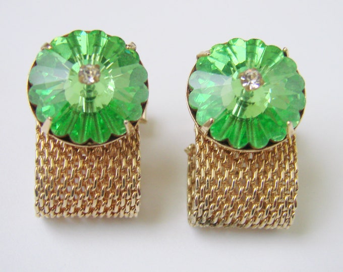 1960s Mid Century Green Rivoli Rhinestone Mesh Wrap Cufflinks / Retro Mens Jewelry / Suit Accessories