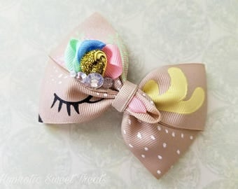 Deer headband, Wearable Art, Fawn Headband, Woodland Party Favor, Hand Painted bow, Woodland Birthday, 4 inch hair bow, Hair bows for girls