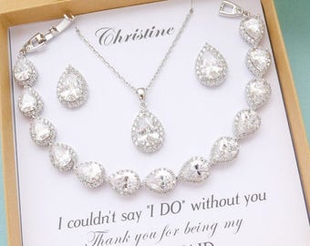 SALE Personalized Bridesmaid Gift, Bridesmaid Jewelry Set, Bridesmaid Earrings, Bridesmaid Gifts, Bridesmaid Studs Crystal Bracelet Necklace