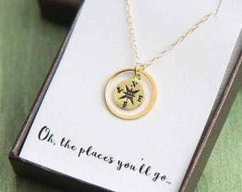 Compass necklace, Gold compass necklace, Graduation Gift, Graduation Necklace, Oh the places you'll go, Compass graduation, Gift for Her