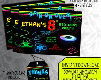INSTANT DOWNLOAD Fidget Hand Spinner Party Invitation, 5x7 or 4x6. Thank You Tags - DIY Editing - Personalized and Printable Digital Files