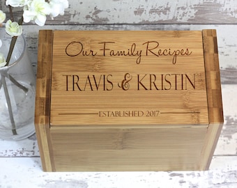 Personalized Wood Recipe Box, Engraved Wooden Recipe Box, Bamboo Recipe Box - Wedding Gift, Couple Gift, Engagement Gift