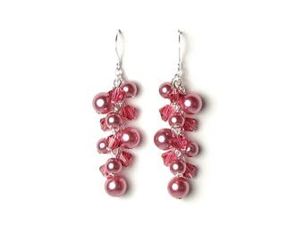 English Rose Garden Pink Swarovski Crystal & Pearl Cluster Silver Earrings Long Romantic Jewelry Pretty Gifts for Women Prom Party Night Out