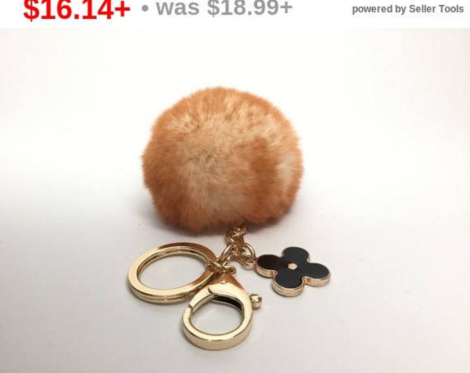 NEW Pom-Perfect Rusty Frost REX Rabbit fur pom pom ball with black flower keychain