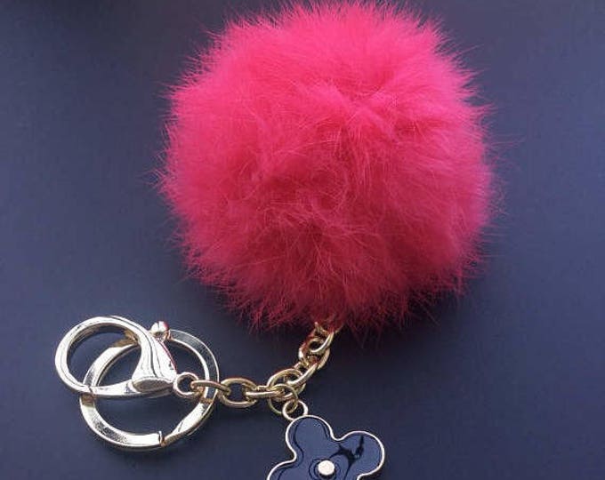 Serious Pink Genuine Rabbit fluffy ball furkey fur ball pom pom keychain for car key ring Bag Pendant