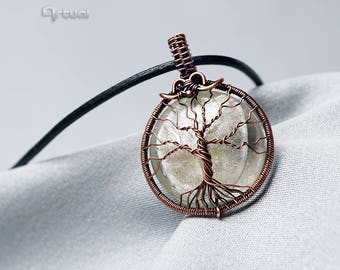 Boho copper jewelry, tree-of-life pendant, silver glass, wire wrapped tree, copper necklace, spiritual jewellery, birthday gift for women