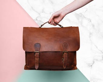 Leather Satchel – Messenger Bag – Briefcase –School Bag – Work Bag in Vintage Brown by MAHI Leather