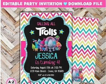 60% OFF SALE Trolls birthday invitation, Editable, Trolls, Edit with Adobe, Glitter, formatted for 5x7. 2 per page, Instant download, DIY, P
