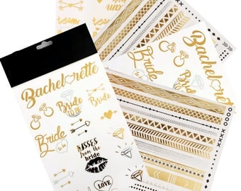 Metallic Bachelorette Party Tattoos (4 Sheets) Bridal Shower - Team Bride Tattoos, Party Favors, Bracelet Tattoos