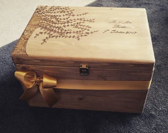 Bespoke, extra large wooden hand burned and lined wedding memory box .