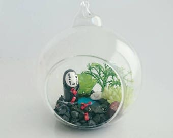 No face Spirited Away terrarium, hanging ornament, home decor display. Artificial terrarium. Handmade studio ghibli glass terrarium.