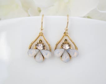 Dainty opal teardrop earring, Swarovski crystal bridal earring, Petite gold chandelier wedding earring, Bridesmaid earring