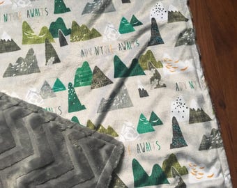 Mountain Adventure baby blanket // featuring plush minky with faux fur backing