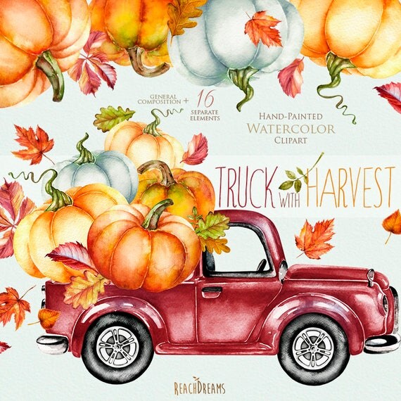 Download Watercolor Red Truck with Pumpkins Autumn leaves. Fall