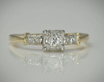 Art Deco Engagement ring; c. 1930s; 11 ct. Center diamond plus accents; Yellow & White Gold, Box Setting, Wedding, Stacking LV106