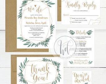 We Do Greenery Garden Wedding Invitation Template Kit, Printable Invite Suite, Editable Instant Download DIY Floral Wreath Invites Set PDF