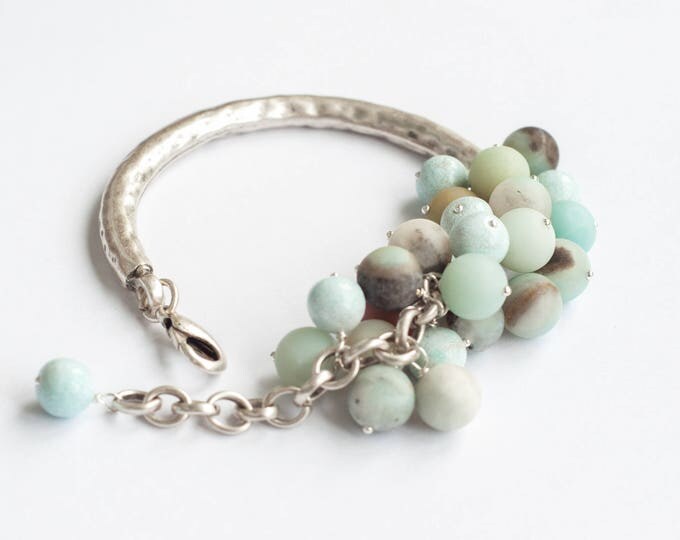 Multicolor gemstone bracelet, Light blue bracelet, Gemstone bangle bracelet, Silver bangle bracelet with charms, Light blue stone bracelet