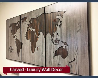 World Map Home Decor Carved Wood Wall Art Stained Wooden