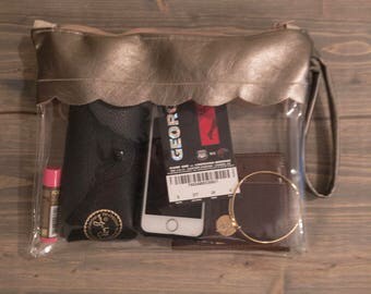 STADIUM APPROVED BAG, Clear Game Day Wristlet, Stadium Approved Clear Vinyl Clutch, Big Little Gift, Gift for Her, Gold Faux Leather, Zipper