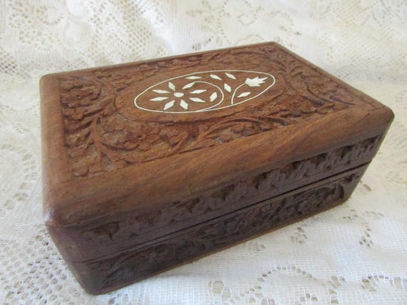 Wood Jewelry Box VINTAGE Hand Carved Storage Box vintage