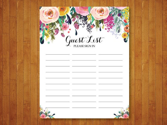 Floral Guest List Printable. Guest List Sign In Sheet.