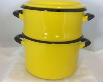 Vintage Bright Yellow Enamel Steamer and Colander